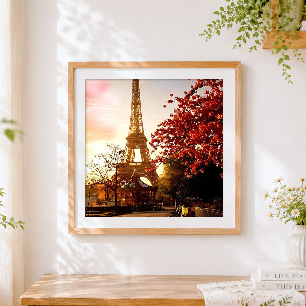 Finished eiffel tower at sunset with autumn leaves cross stitch artwork displayed