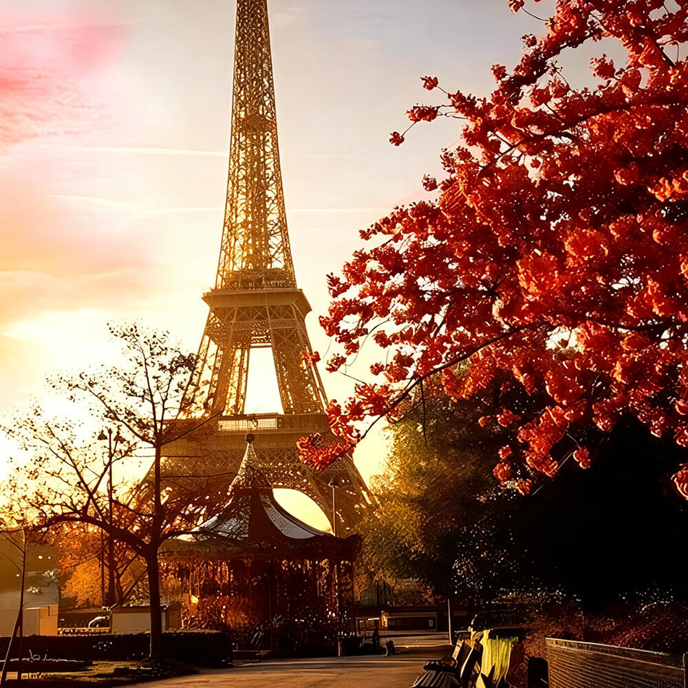 Eiffel tower at sunset with autumn leaves cross stitch kit for beginners
