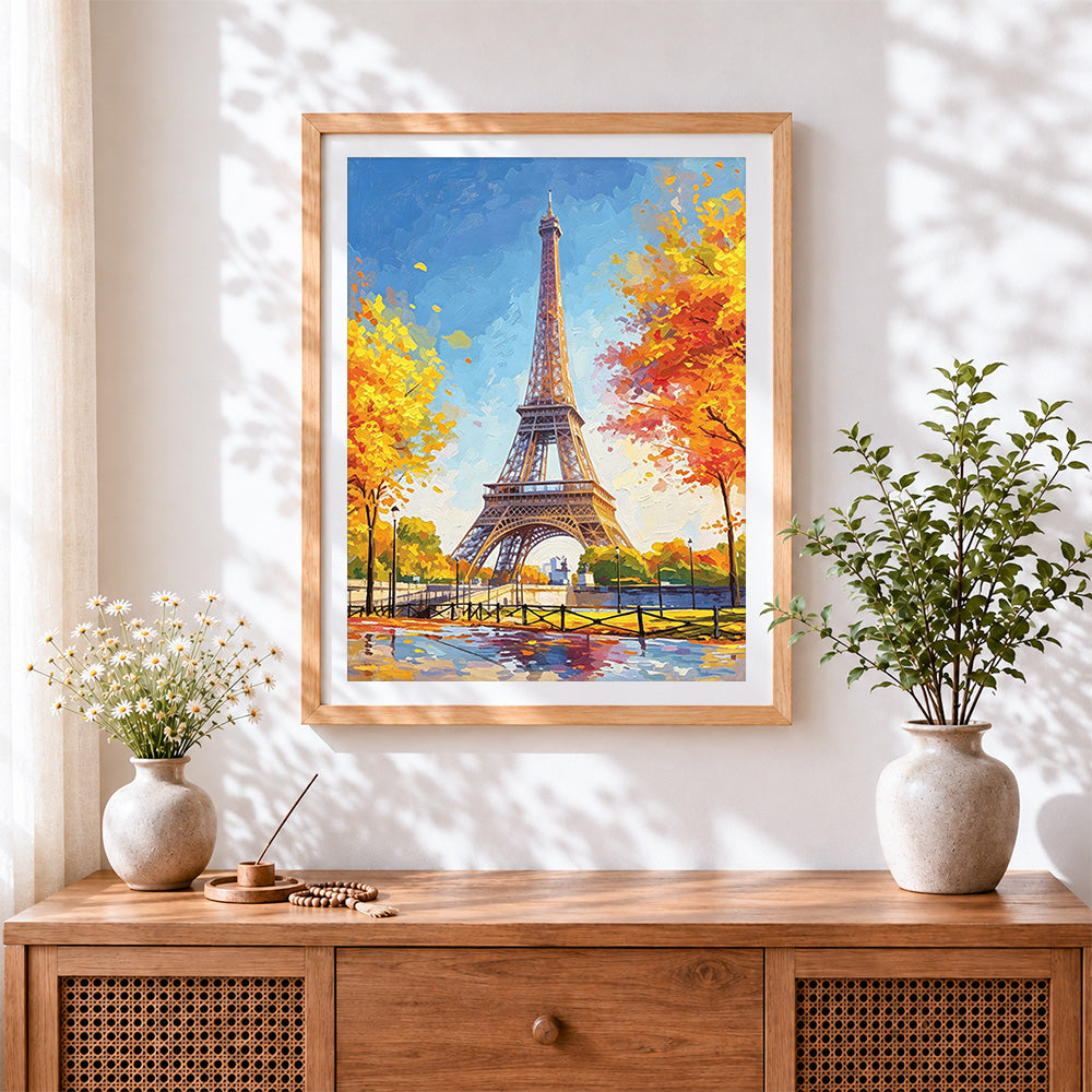Finished eiffel tower in autumn cross stitch artwork displayed