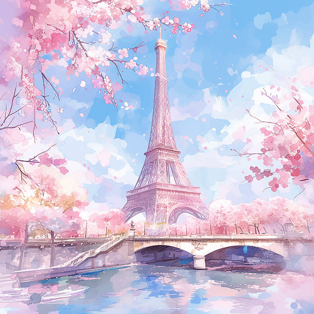 Eiffel tower in cherry blossom cross stitch kit for beginners