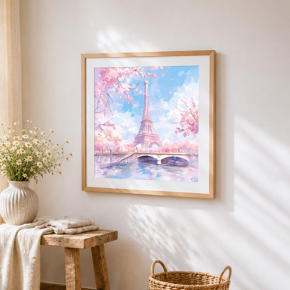 Eiffel tower in cherry blossom cross stitch artwork displayed on wall as home decor