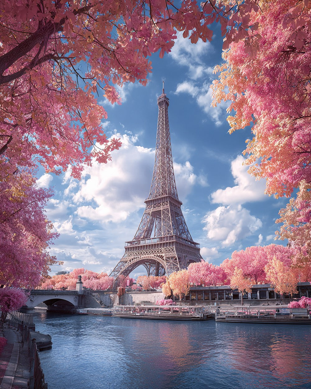Eiffel tower in pink blossom cross stitch kit for beginners