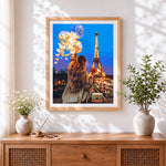 Finished eiffel tower night and woman cross stitch artwork displayed