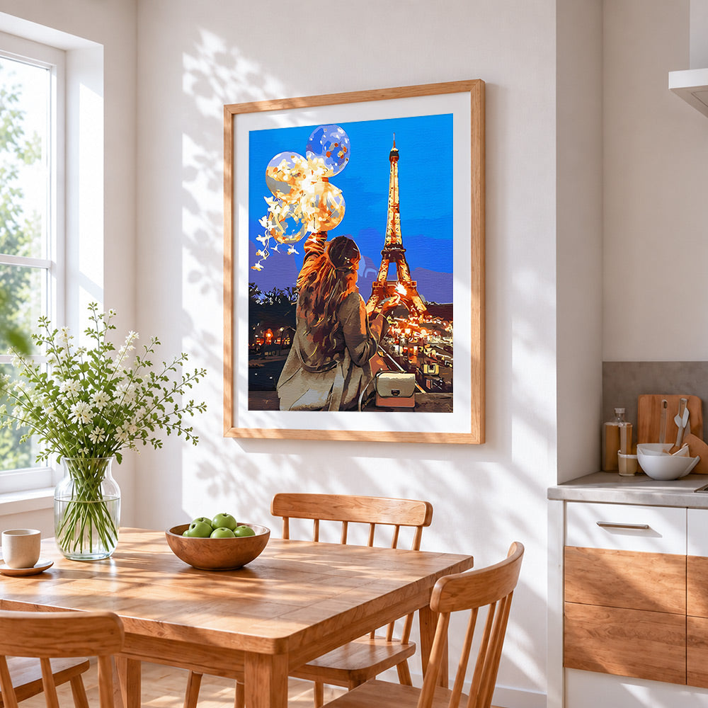 Eiffel tower night and woman cross stitch artwork displayed on wall as home decor