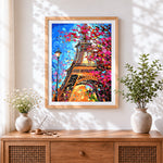 Finished eiffel tower through colourful leaves paint by numbers artwork displayed as home decor