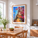 Eiffel tower through colourful leaves paint by numbers artwork displayed on wall as home decor