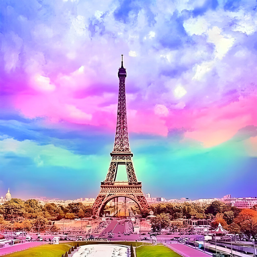 Eiffel tower under a colourful rainbow sky paint by numbers kit for beginners