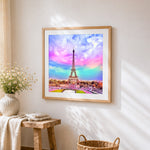 Eiffel tower under a colourful rainbow sky paint by numbers artwork displayed on wall as home decor
