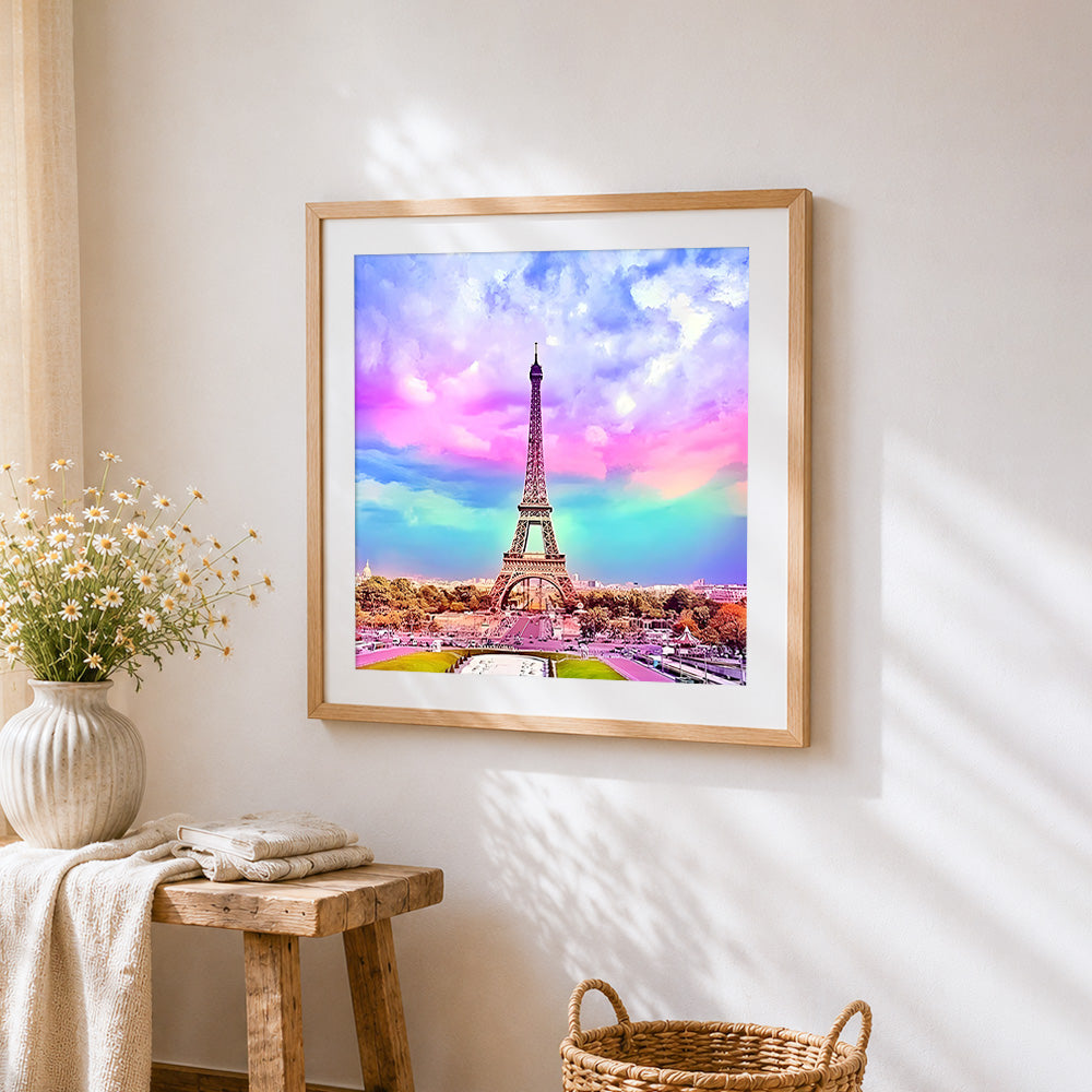 Eiffel tower under a colourful rainbow sky paint by numbers artwork displayed on wall as home decor