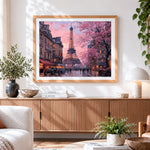 Finished eiffel tower with cherry blossoms paint by numbers artwork displayed as home decor