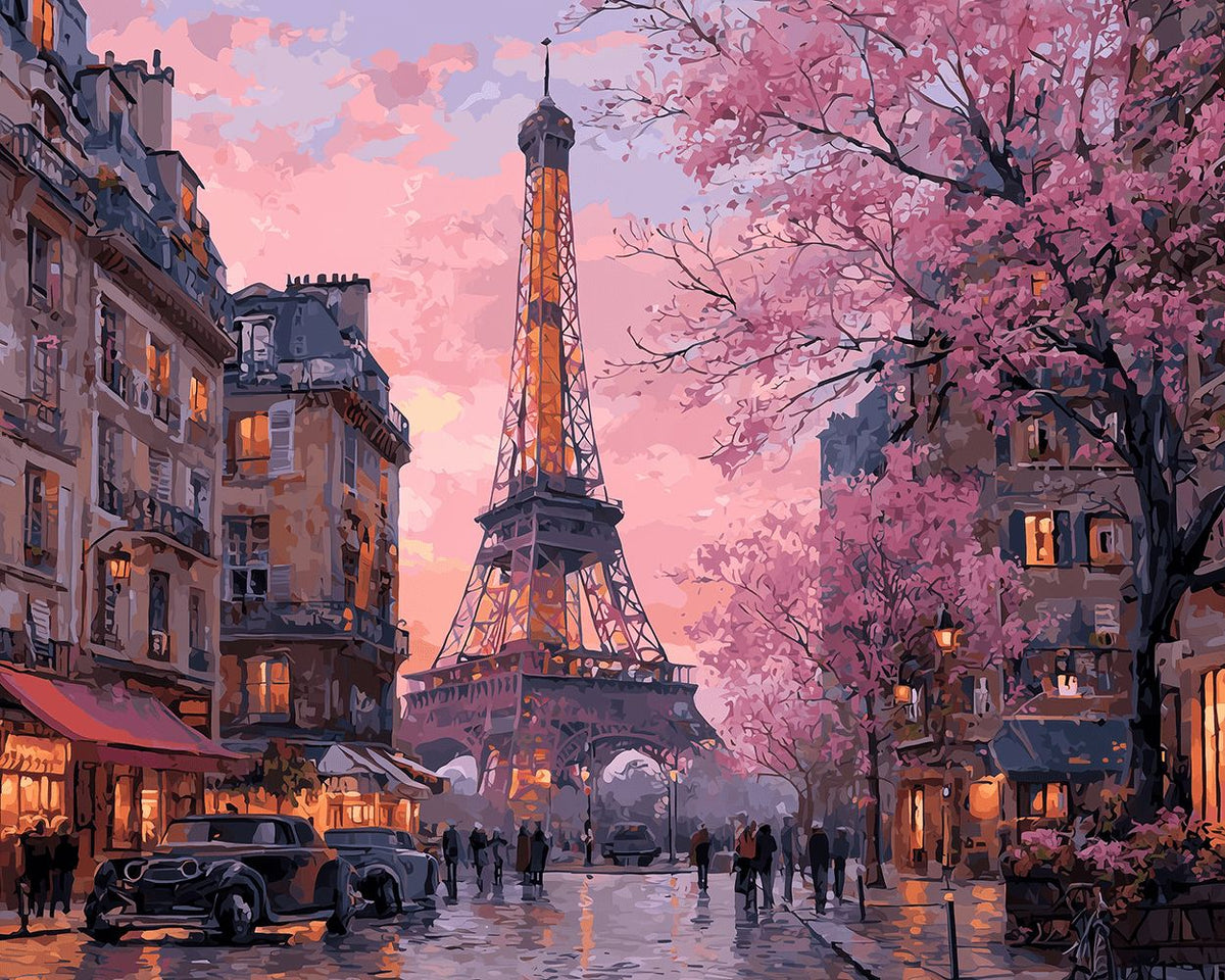 Eiffel tower with cherry blossoms paint by numbers kit for beginners