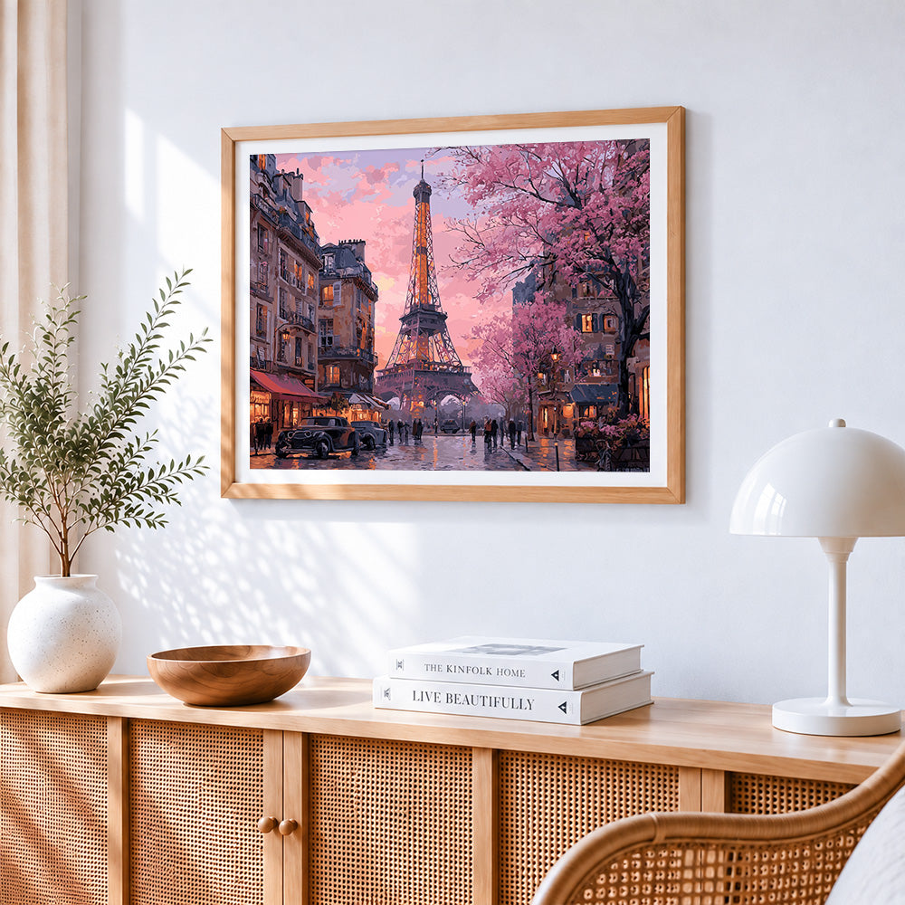 Eiffel tower with cherry blossoms paint by numbers artwork displayed on wall as home decor