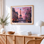 Eiffel tower with cherry blossoms paint by numbers artwork displayed on wall as home decor