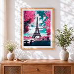 Finished eiffel tower with pink blossoms paint by numbers artwork displayed as home decor