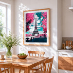 Eiffel tower with pink blossoms paint by numbers artwork displayed on wall as home decor