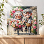Finished elderly couple biking in garden pearl diamond painting artwork displayed as holiday home decor
