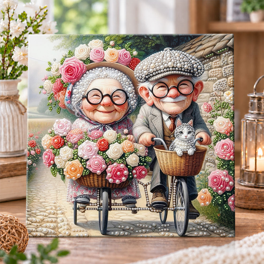 Elderly couple biking in garden pearl diamond painting kit for beginners