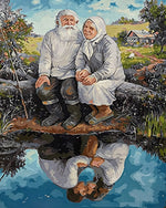 Elderly couple sitting by water cross stitch kit for beginners