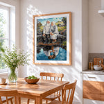 Elderly couple sitting by water cross stitch artwork displayed on wall as home decor