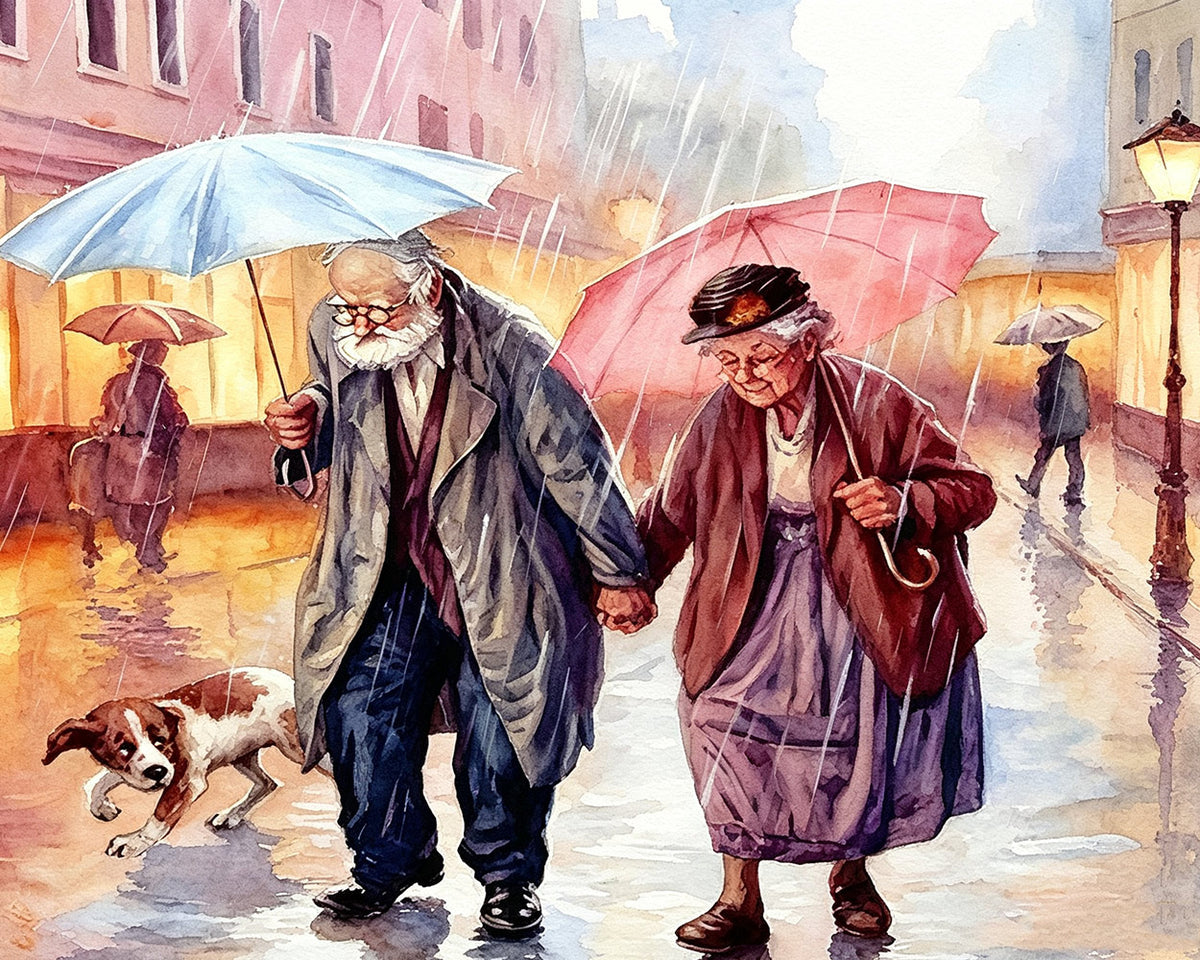 Elderly couple walking in the rain cross stitch kit for beginners