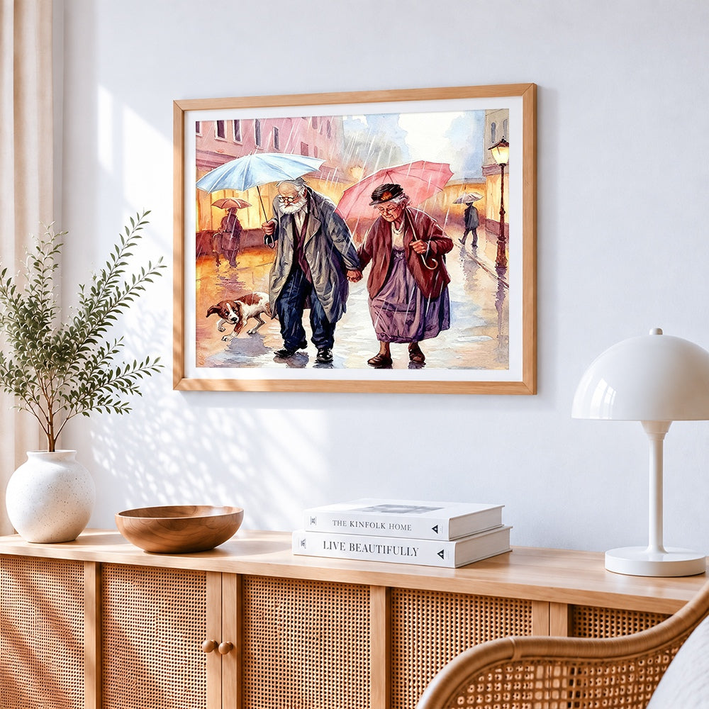 Elderly couple walking in the rain cross stitch artwork displayed on wall as home decor