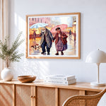 Elderly couple walking in the rain cross stitch artwork displayed on wall as home decor