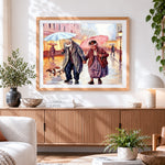 Finished elderly couple walking in the rain paint by numbers artwork displayed as home decor