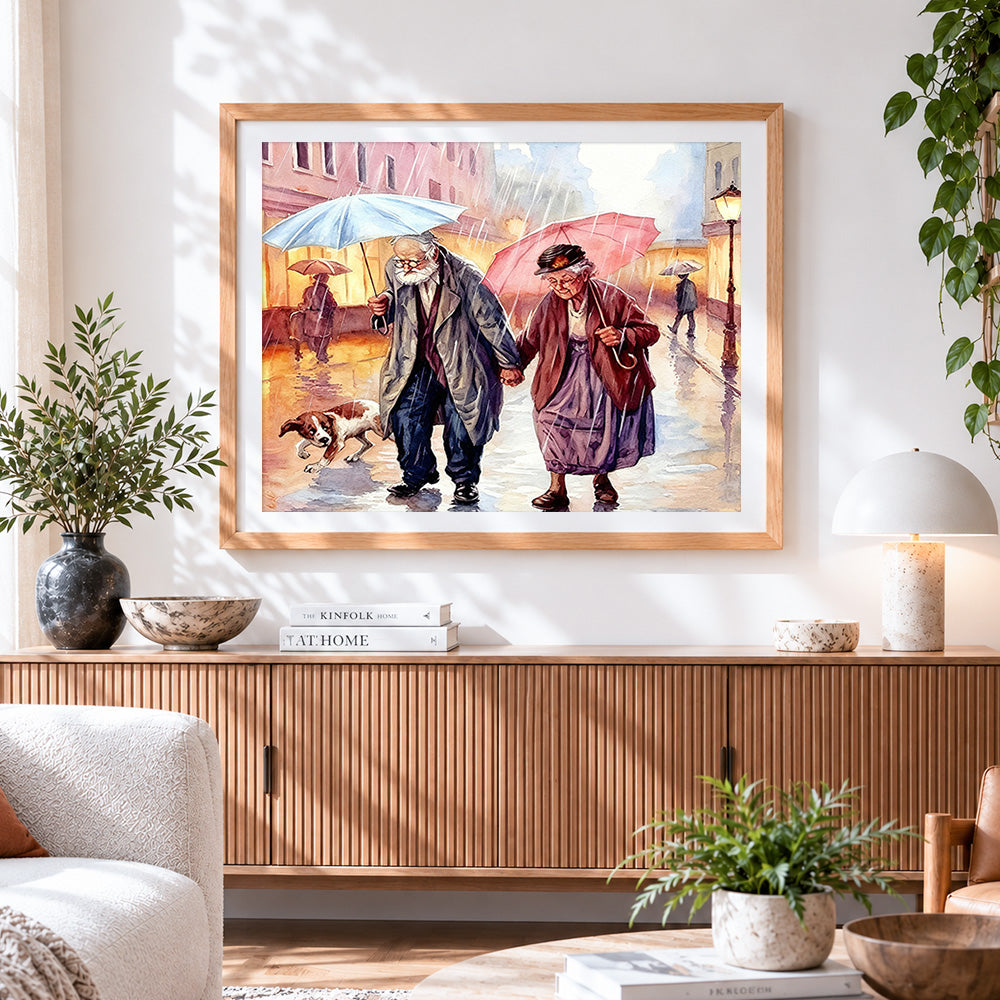 Finished elderly couple walking in the rain paint by numbers artwork displayed as home decor