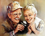 Elderly couple with a white flower cross stitch kit for beginners