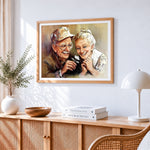 Elderly couple with a white flower cross stitch artwork displayed on wall as home decor