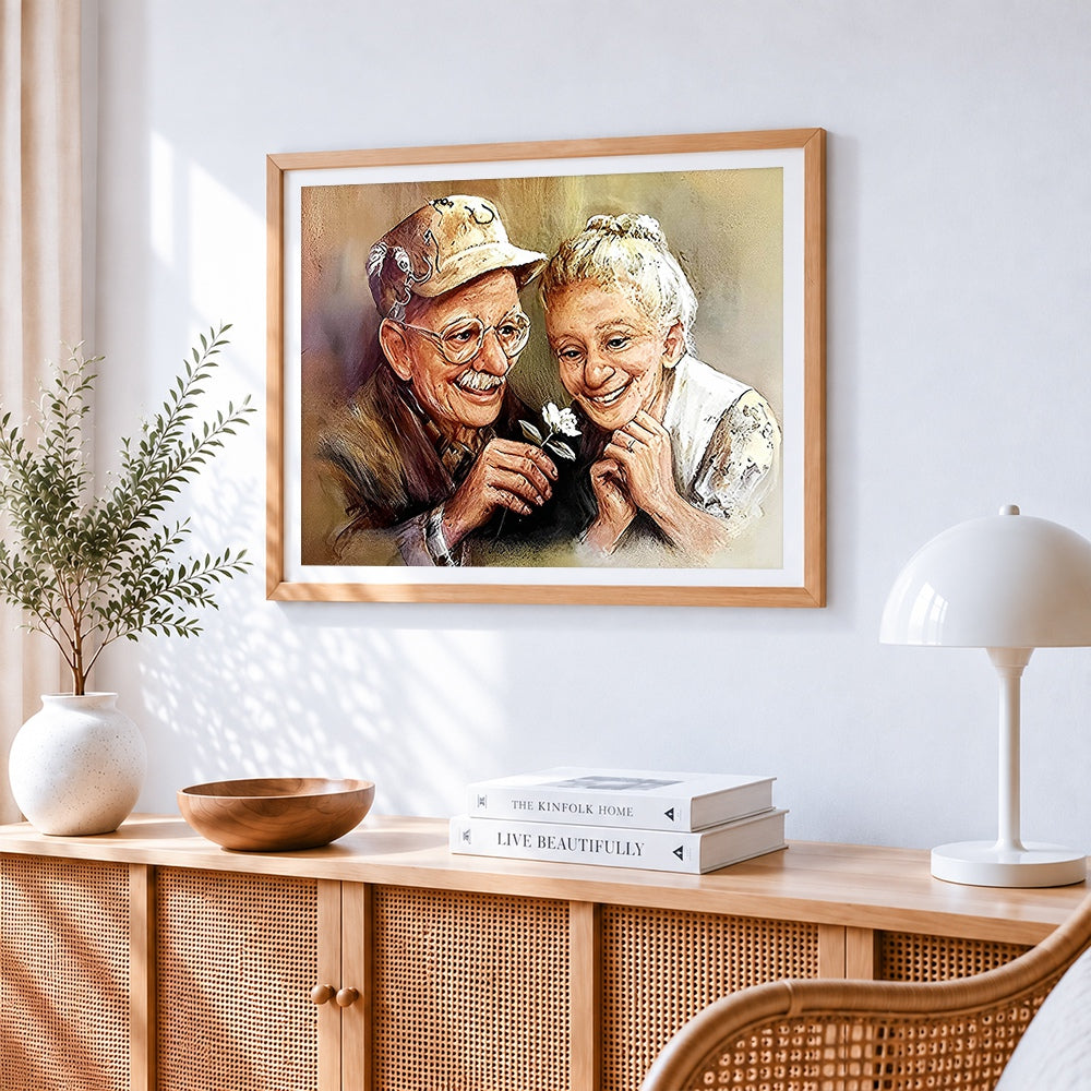 Elderly couple with a white flower paint by numbers artwork displayed on wall as home decor