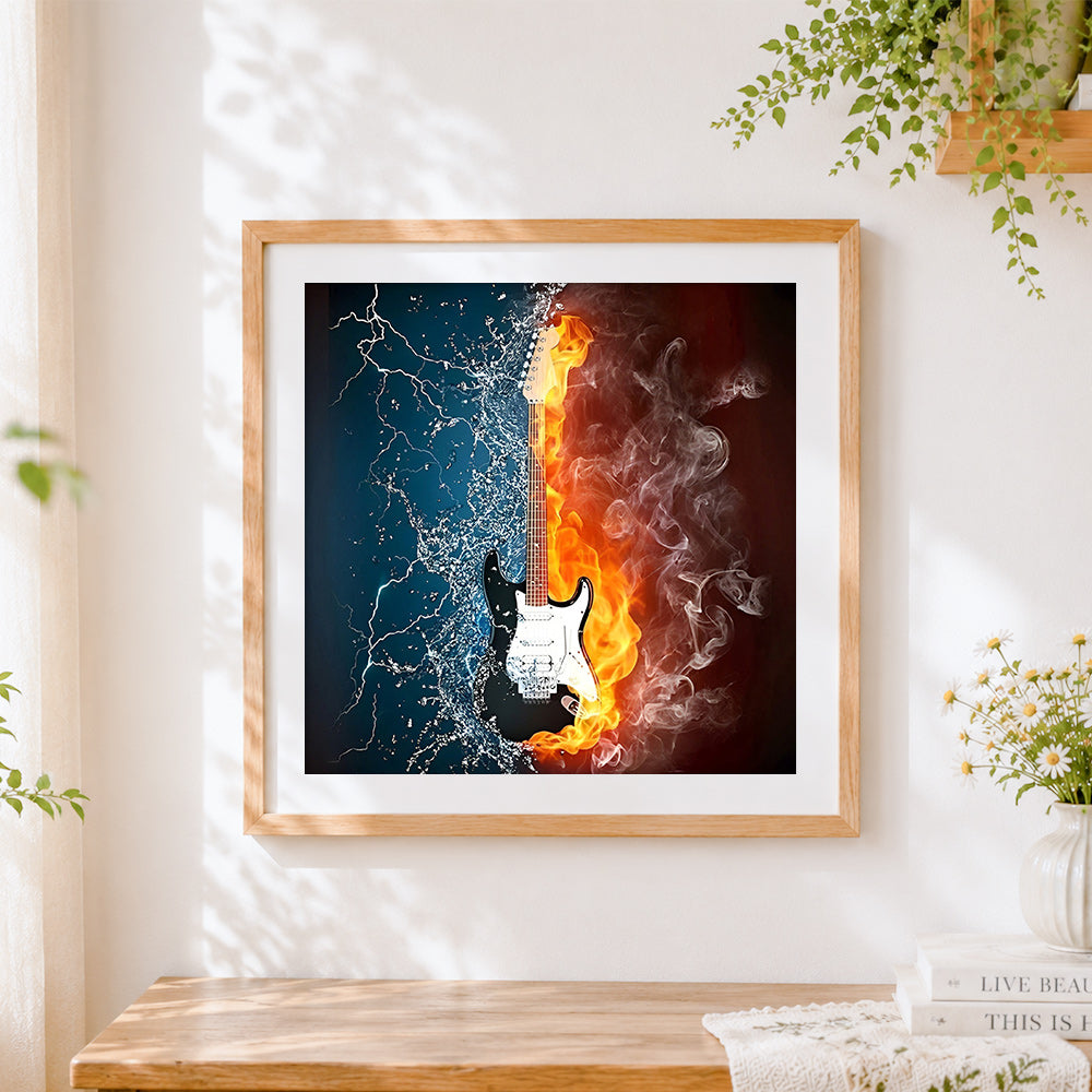 Finished electric guitar in fire and water cross stitch artwork displayed