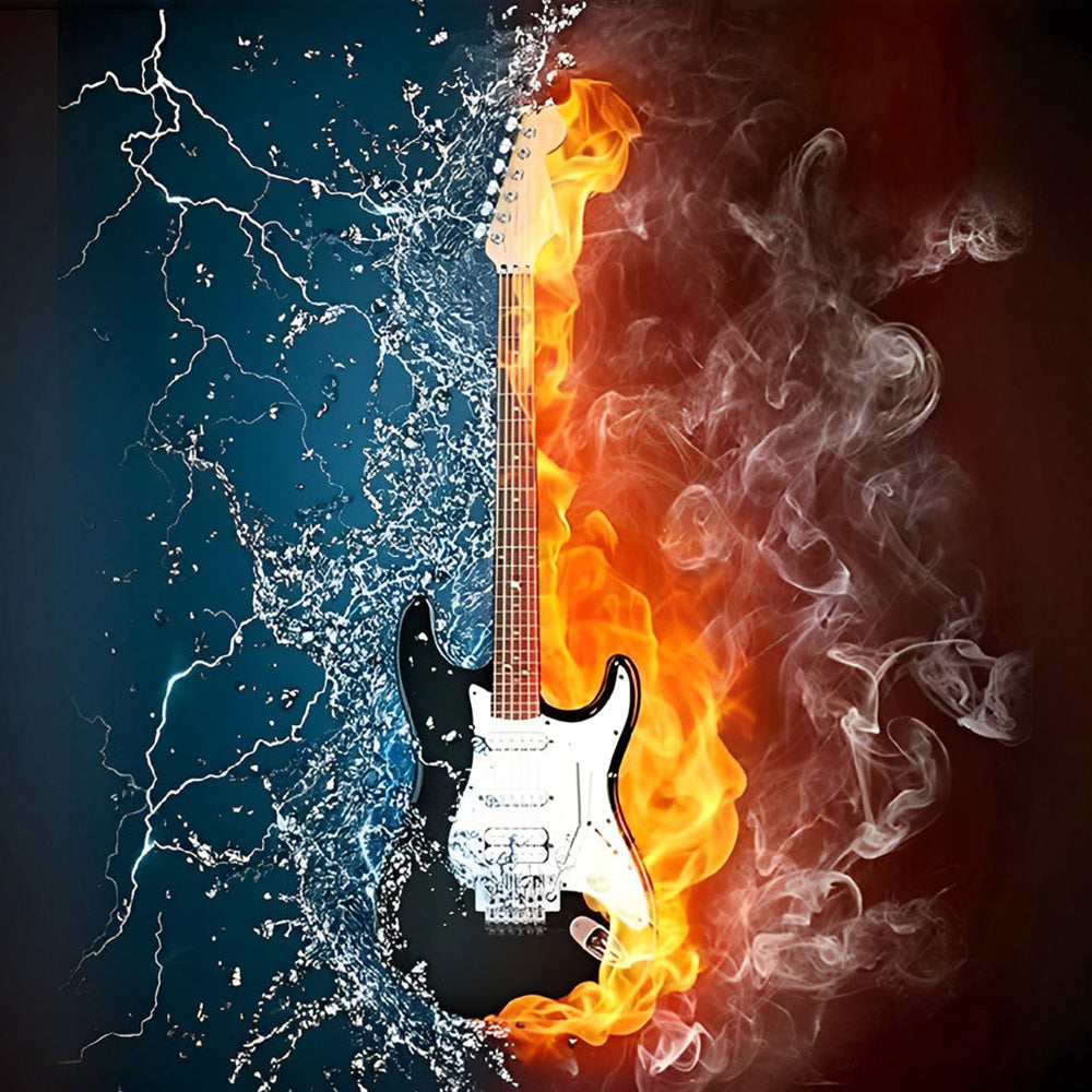 Electric guitar in fire and water cross stitch kit for beginners