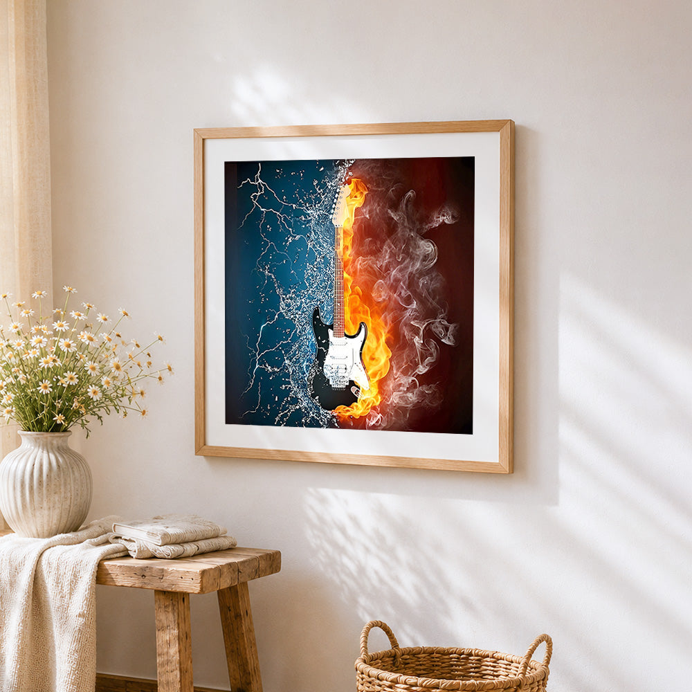 Electric guitar in fire and water cross stitch artwork displayed on wall as home decor