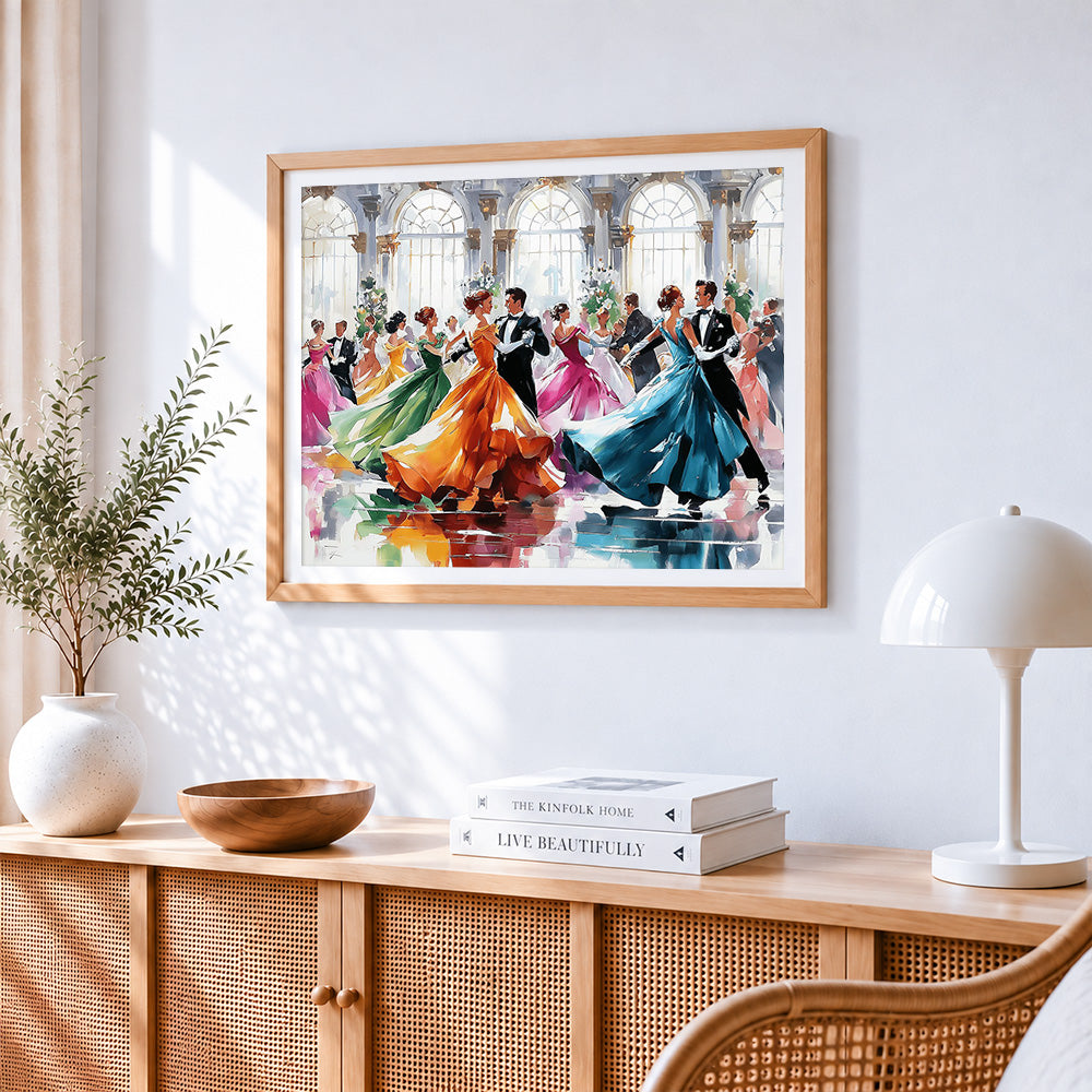 Elegant ballroom dancers cross stitch artwork displayed on wall as home decor