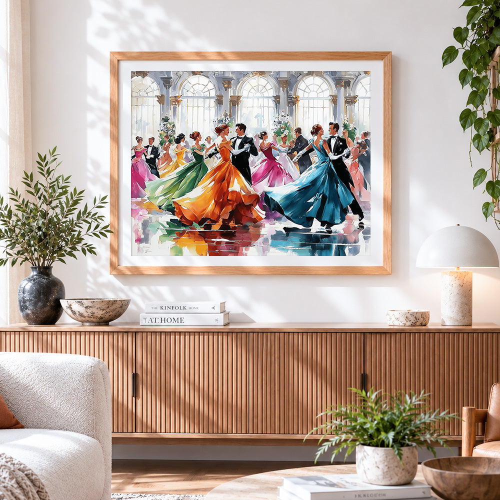 Finished elegant ballroom dancers paint by numbers artwork displayed as home decor