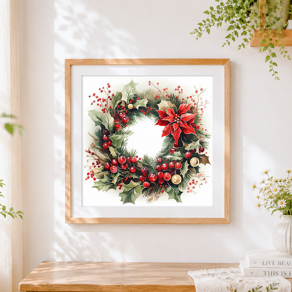 Finished elegant berries wreath cross stitch artwork displayed