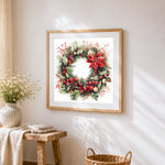 Elegant berries wreath cross stitch artwork displayed on wall as home decor