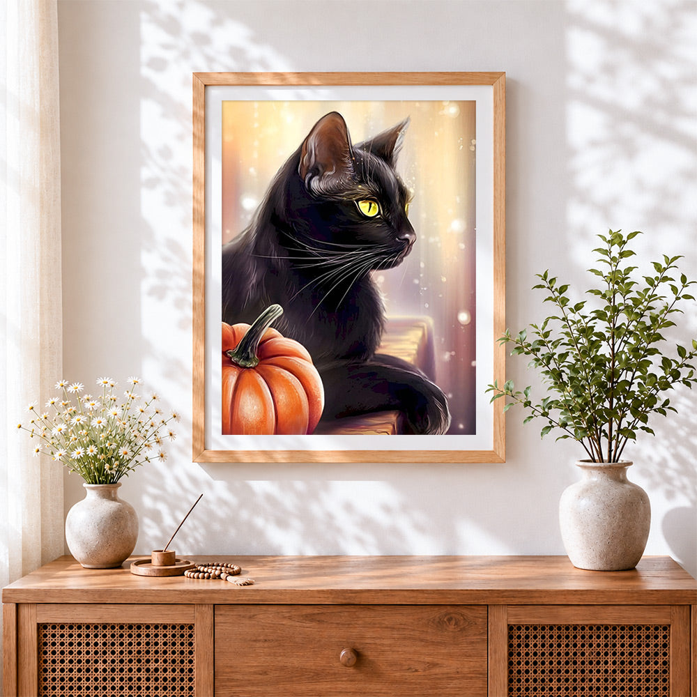 Finished elegant black cat with pumpkin cross stitch artwork displayed