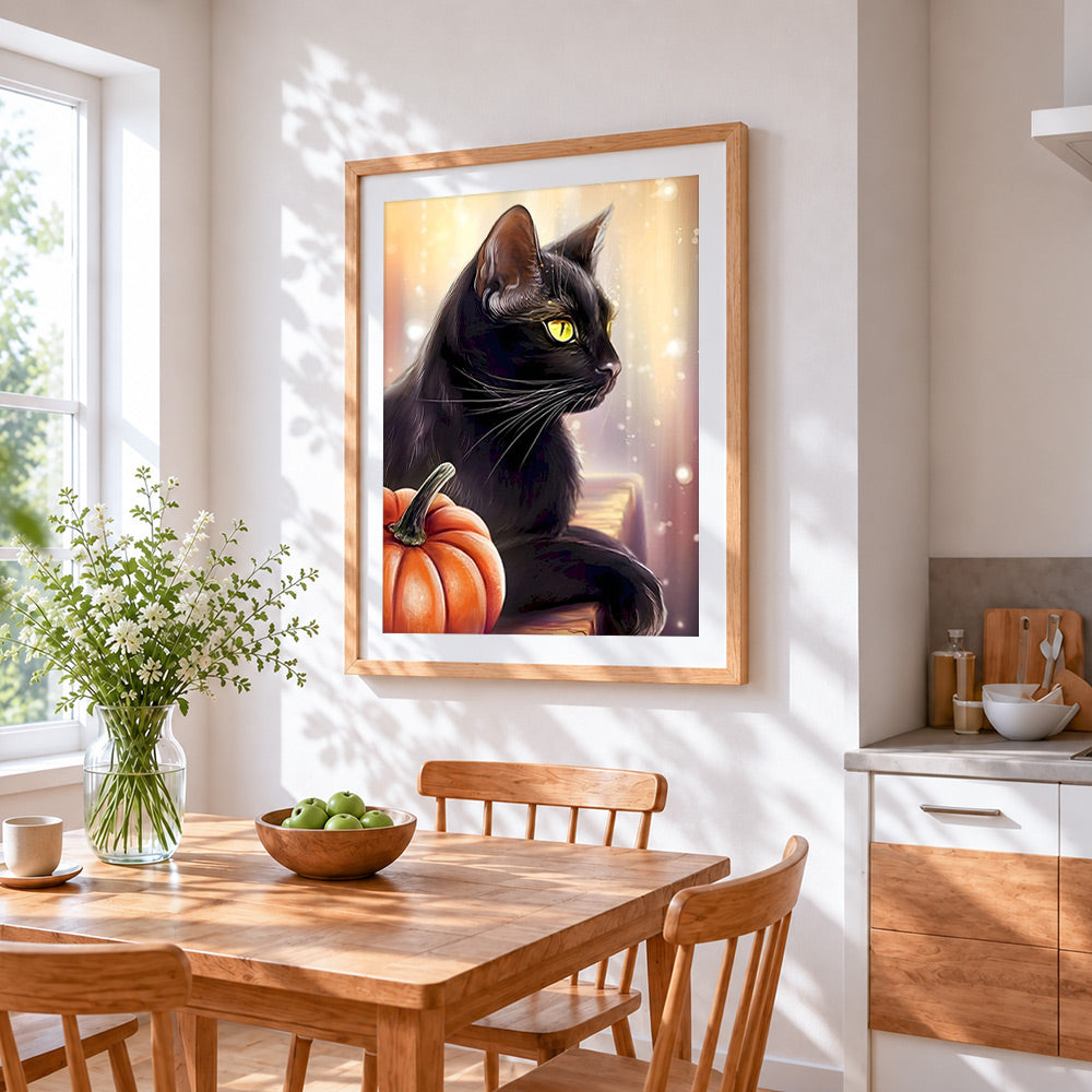 Elegant black cat with pumpkin cross stitch artwork displayed on wall as home decor