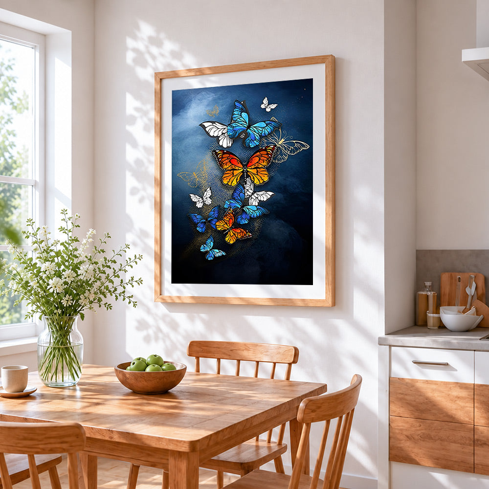 Elegant blue and orange butterflies cross stitch artwork displayed on wall as home decor