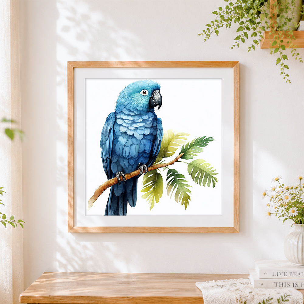 Finished elegant blue parrot on a branch cross stitch artwork displayed