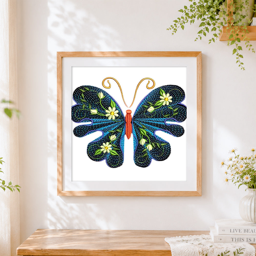 Finished elegant butterfly with daisies cross stitch artwork displayed