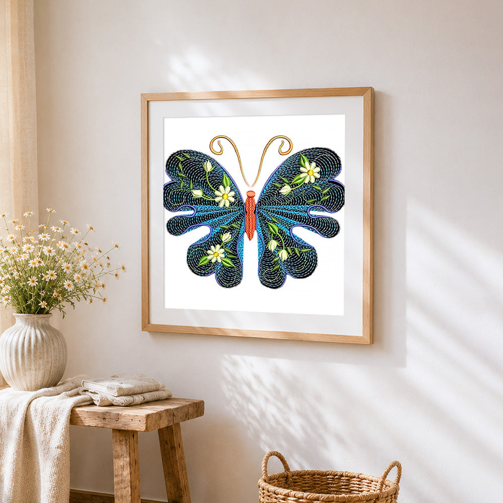 Elegant butterfly with daisies cross stitch artwork displayed on wall as home decor