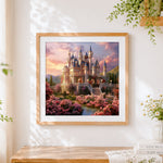 Finished elegant castle and pink flowers at dusk cross stitch artwork displayed