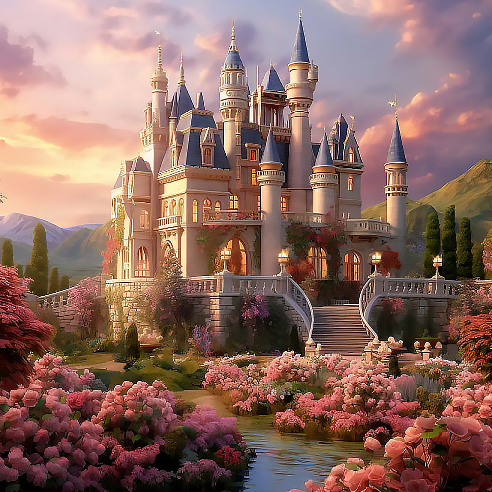 Elegant castle and pink flowers at dusk cross stitch kit for beginners