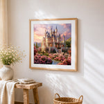 Elegant castle and pink flowers at dusk cross stitch artwork displayed on wall as home decor
