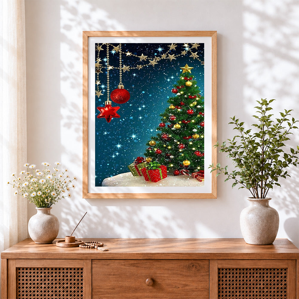 Finished elegant christmas bauble and tree cross stitch artwork displayed