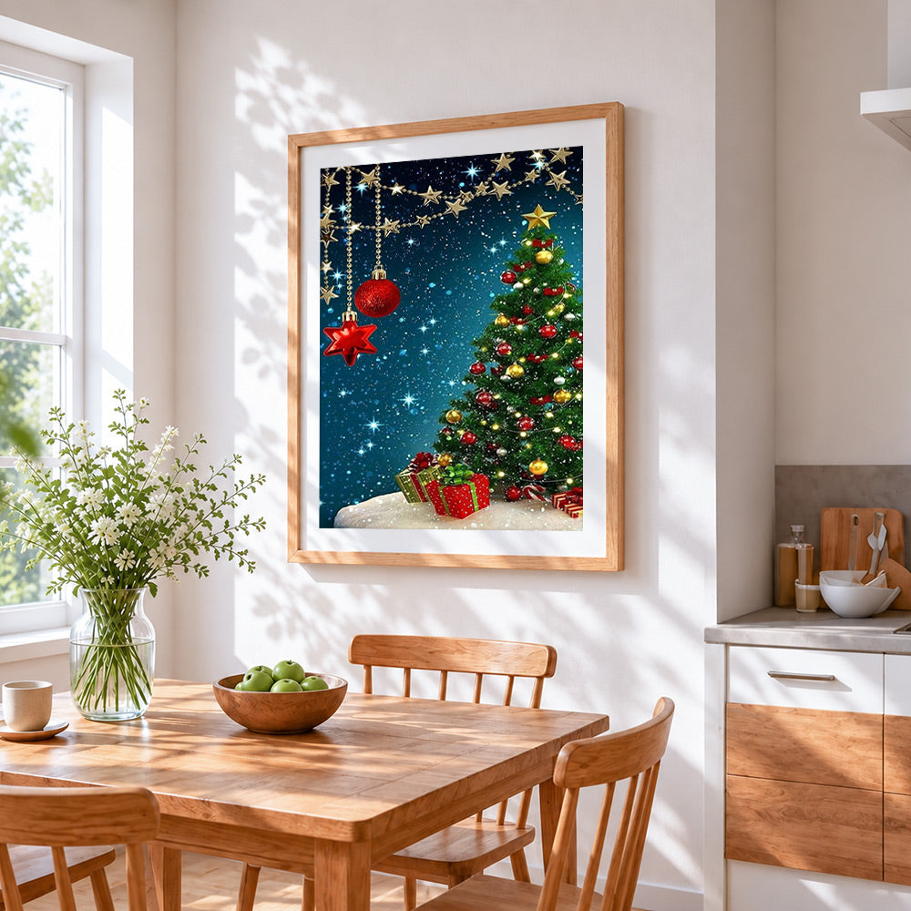 Elegant christmas bauble and tree cross stitch artwork displayed on wall as home decor
