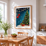 Elegant christmas bauble and tree cross stitch artwork displayed on wall as home decor